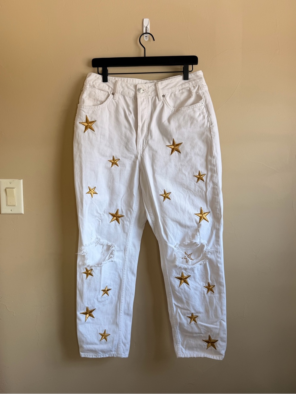 We The Free White Boot Cut Jeans with Gold Star Embroidery